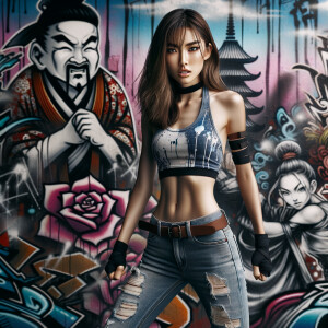 Athletic Thin skinny Attractive, Asian teenage girl, long brown hair and bangs, wearing tight skinny jeans and a halter top paint marks on her clothing, heroic pose Asian graffiti background