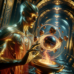 A majestic gold-skinned alien wizard with a crystalline and shin...