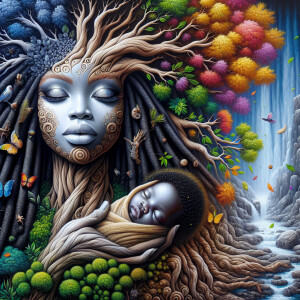 Create a close-up, hyper-realistic 3-D oil painting of a tree wi...