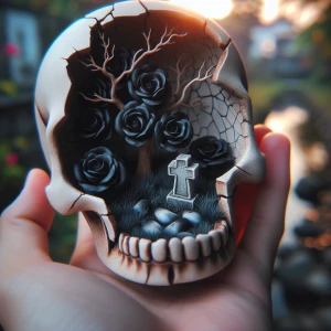 A close-up shot of a cracked ceramic skull , its sharp edges fra...