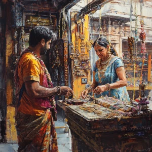 Realism art .A man walking witth his 58 years old rajasthani m...