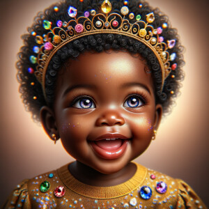 "Create a digital portrait of an adorable african-American baby girl with a joyful expression. She is wearing a gold crown with colorful jewels. Her big, bright blue eyes are wide with wonder, and her tiny mouth is shaped in a happy grin. Her skin has a warm, honey-brown tone, and she has an abundance of thick curly black hair, The background is soft and neutral to keep the focus on her delightful features. The portrait should be vibrant and heartwarming, celebrating the innocence and charm of childhood."