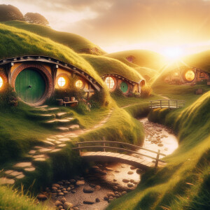 Hobbit houses on a hill with sunset and stream