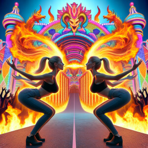 Two fire breathing blonde women, tight pony tails, bent over, fa...