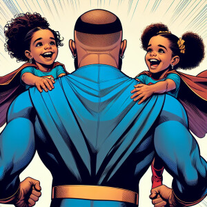 A Puerto Rican father with a receding hairline is depicted holdi...