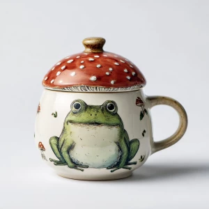 Frog mug with mushroom lid, cute animal/fungi combo, often hand-...