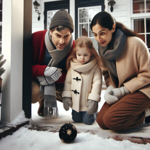 In winter, a father, mother and daughter stand near the threshol...