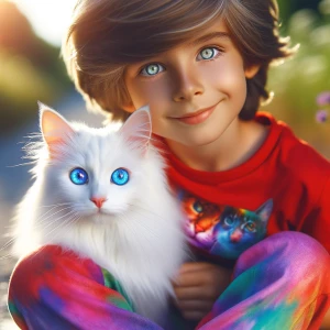 Create a 8 year old boy with a cat,
Boys skin is White,his hairs...