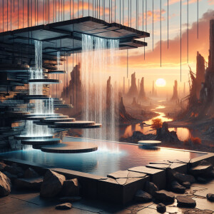 Describe a picturesque floating waterfall made from delicate sla...