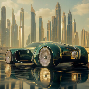 La voiture rollsroycecars futuriste et la ville Dubaï futuriste