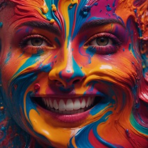 Abstract Face rising from a flood of Differently Colored smiling...