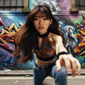 teenage girl, long brown hair and bangs, wearing tight skinny jeans and a halter top paint marks on her clothing, heroic pose Asian graffiti background, nearing on one knee