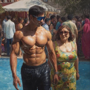 Photo Hyperrealism, painting,a muscular beefy kashmiri son in la...