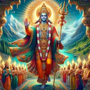 A vivid and realistic scene of Lord Shiva standing with one hand...