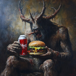 Wendigo eating a big fat cheeseburger and drinking a cold coors...