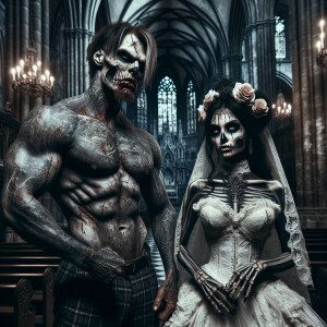 A dramatic and eerie scene in a gothic cathedral featuring a mus...