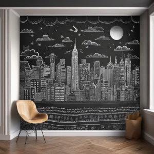 A detailed chalkboard mural featuring a city skyline and playful doodles framing the scene