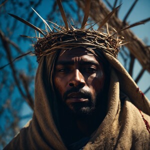 Create an image of a dark toned man,  draped in a humbling worn...