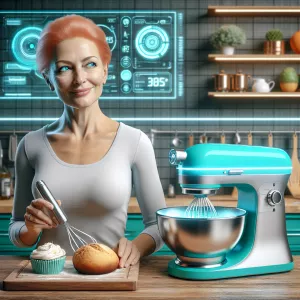 Create a photorealistic fun sci-fi image of a futuristic kitchen...