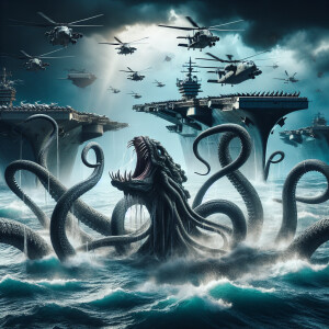 A krakken emerging from the abyss, attacking helicopters and air...