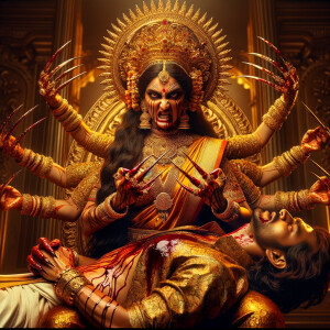 portrait of angry looking, four-armed indian goddess sitting on...