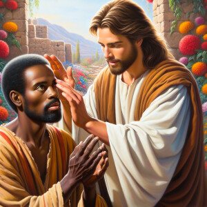 An oil painting depicting a biblical scene where Jesus, a light-...