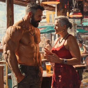 Paint photo realism,a muscular sweaty beefy man standing and ta...