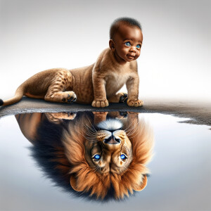 A curious baby lion cub looking into a puddle of water with a re...