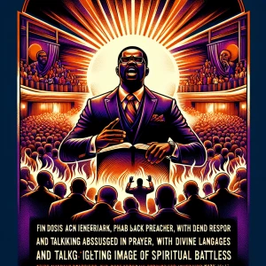 Generate an image of a powerful Black preacher leading a fervent worship ceremony, demonstrating the power of the name of Jesus, reflecting the essence of Mark 16:17. This central figure exudes a commanding presence amid an impassioned Black congregation, deeply engaged in prayer and speaking in tongues, creating a dynamic scene of spiritual warfare.