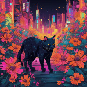 Imagine a cartoon of a cat with a body covered in a vibrant arra...