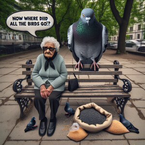 Create a photorealistic but funny image of a sweet little old la...