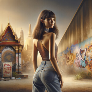 Athletic Thin skinny Attractive, Asian teenage girl, long brown hair and bangs, wearing tight skinny jeans and a halter top paint marks on her clothing, heroic pose Asian graffiti background, backside view