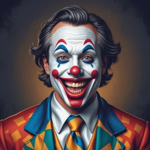 Create an image of Gavin Newsom stylized as a clown, featuring a...