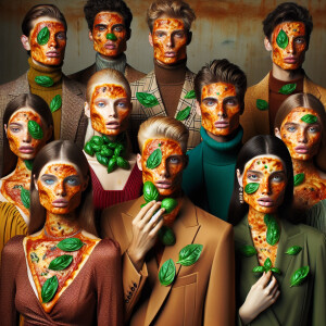 Generate an image of people with lasagna-textured faces, each fa...