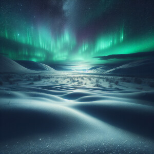 snowy flield at night with green aurora at dark sky hdri