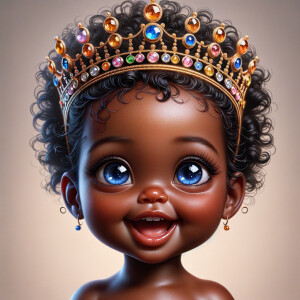 "Create a digital portrait of an adorable african-American baby girl with a joyful expression. She is wearing a gold crown with colorful jewels. Her big, bright blue eyes are wide with wonder, and her tiny mouth is shaped in a happy grin. Her skin has a warm, honey-brown tone, and she has an abundance of thick curly black hair, The background is soft and neutral to keep the focus on her delightful features. The portrait should be vibrant and heartwarming, celebrating the innocence and charm of childhood."