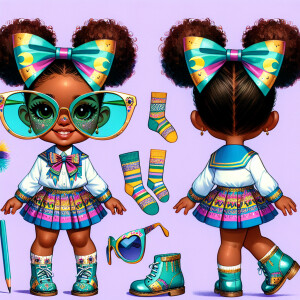 A chibi-style image of an African American 3-year-old girl, stan...