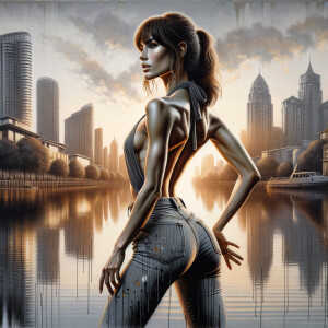 Athletic Thin skinny Attractive, Asian teenage girl, long brown hair and bangs, wearing tight skinny jeans and a halter top paint marks on her clothing, heroic pose Asian graffiti background, backside view