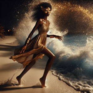 Describe a mesmerizing scene at the beach at night where the ele...