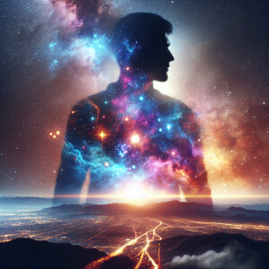 Hyperrealistic double exposure galactic wonderer