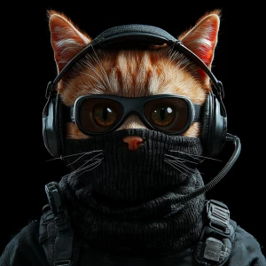A wide-eyed ginger cat wearing a black tactical balaclava (or ma...