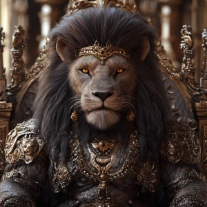 Create a photorealistic 3D image of a majestic man-lion hybrid, featuring an expansive mane and exceptionally well-defined, oversized muscles. Adorn this regal creature with intricate jewelry and gold embellishments, and depict it seated on a throne. Aim for 8K UHD resolution, extreme professional detail, and a composition that is both visually stunning and captivating.