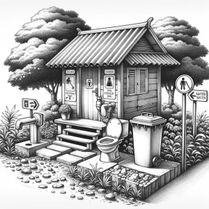 Using pencil to Draw and label a Clean and healthy village envir...