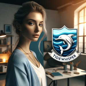 I need an image for a new witchcraft and wizardry school based in Harry Potter universe set in Key West Florida. The school will be called Marisalor Academy. Let’s start with house one. I need an emblem for **Tidewhisper**: This house values wisdom, patience, and understanding of the natural world, especially the sea. Its emblem is the Dolphin, and its colors are blue and silver.