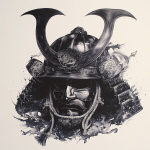 Imagine a samurai helmet rendered in a traditional Japanese ink...