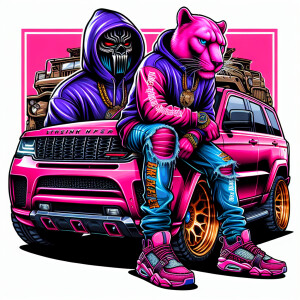 Create a colorful/psyscadelic character of pink panther wearing...