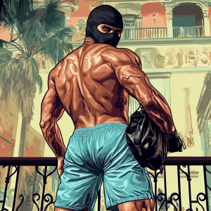 Create an image of a muscular man with a tanned back, wearing li...