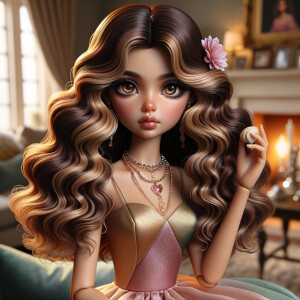 Create an image of a stylized, Latino doll-like girl seated in a cozy living room with a warm fireplace. She has voluminous, wavy hair cascading over her shoulders, tinted with shades of chestnut and mocha. Her large, expressive eyes are a deep brown, fringed with long, fluttery lashes. A delicate pink flower tucks behind one ear, complementing her youthful glow. She wears a gold, pink, and blue body on dress with soft, flowing fabric that drapes elegantly over her small frame. Around her neck is a dainty necklace adorned with beads and a gentle sprinkle of gemstones reflecting subtle light. In her hand, she holds a pearly seashell as a charming accessory. Behind her, the living room is inviting, with plush furnishings, a mantelpiece adorned with family photos and trinkets, and a crackling fireplace that casts a comforting glow and dancing shadows around the room, enhancing the ambiance of a serene home setting