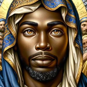 Create a beautiful African-American Jesus Christ with Hazel, brown eyes and blue and gold robe