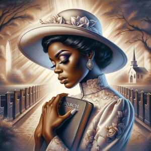 Render an airbrush oil painting of an African American woman with flawless makeup in a
contemplative pose, holding a Bible close to her heart, dressed in an elegant Sunday Best
outfit with a distinctive Church Hat. The background features a peaceful church garden,
with light filtering through the trees, highlighting her spiritual connection and the personal
moment of reflection. The artwork should capture the tranquility of the scene, the beauty
of her attire, and the depth of her contemplation, reflecting a serene and spiritually